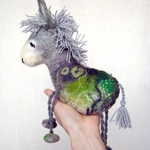 Felt Donkey Grey Birger. Art Toy. Felted Stuffed Waldorf style Marionette Puppet Handmade Farm Animals Toys. grey green gray. image 3