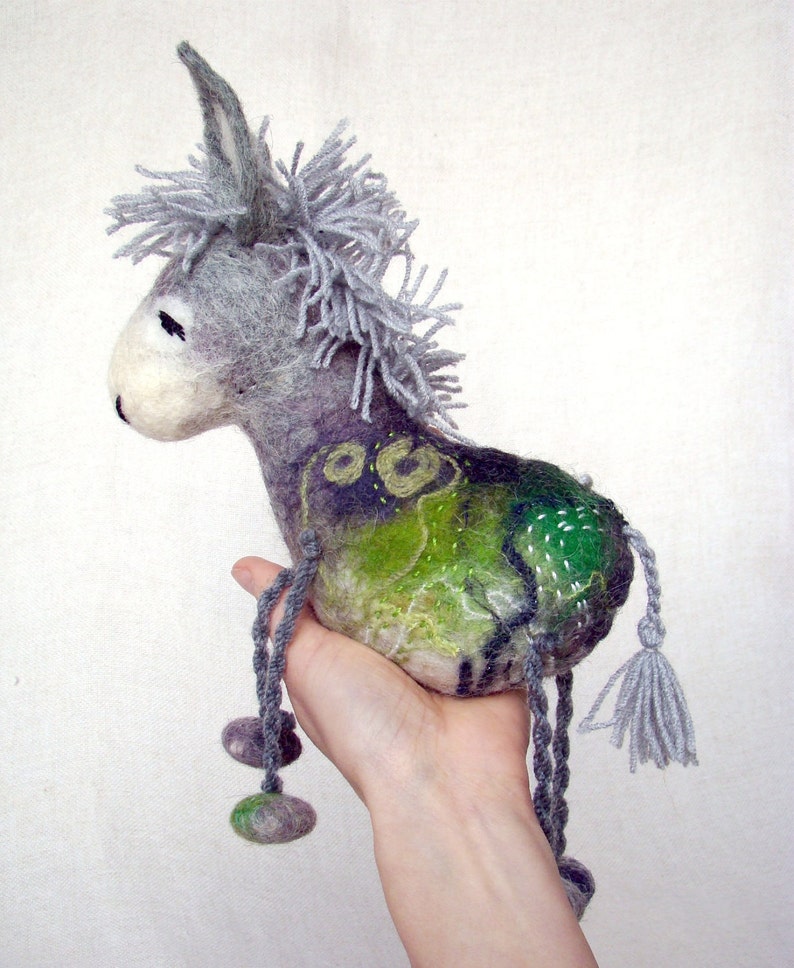 Felt Donkey Grey Birger. Art Toy. Felted Stuffed Waldorf style Marionette Puppet Handmade Farm Animals Toys. grey green gray. image 3