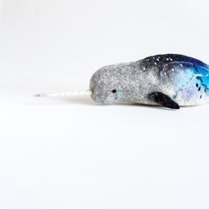 Felt Narwhal Anders Felted Art Toy Gift for kids Narwhal Sea Unicorn Toy, Whale toy, Stuffed whale plush, aquamarine. Soft toy. image 1