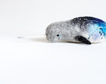 Felt Narwhal Anders - Felted  Art Toy Gift for kids Narwhal Sea Unicorn Toy, Whale toy, Stuffed  whale plush, aquamarine. Soft toy.