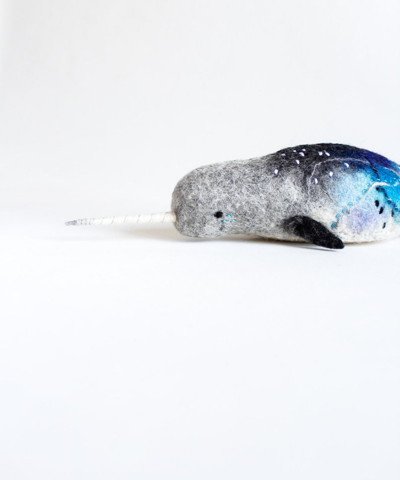 Felt Narwhal Anders Felted Art Toy Gift for kids Narwhal Sea Unicorn Toy, Whale toy, Stuffed whale plush, aquamarine. Soft toy. image 1