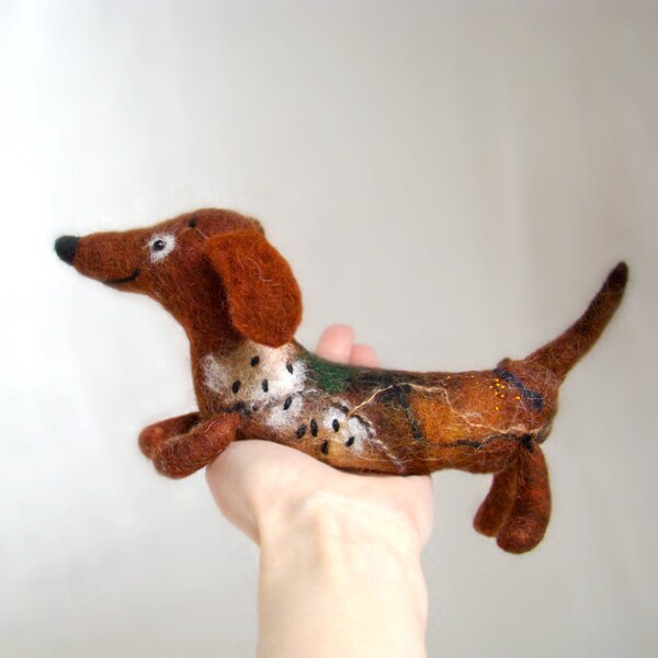 Geronimo - Dachshund, Small Art Puppet Lovely Dog Marionette, Felted Cute Stuffed Toy. brown orange coffee.  MADE TO ORDER .