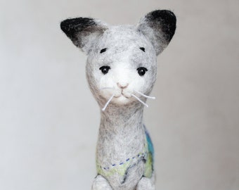 Marcell - Felt Cat. Art Puppet, Felted Toy,  Stuffed Toy, Felt Animal, Kitten, Fathers Day Gift . grey silver blue, for him. MADE TO ORDER