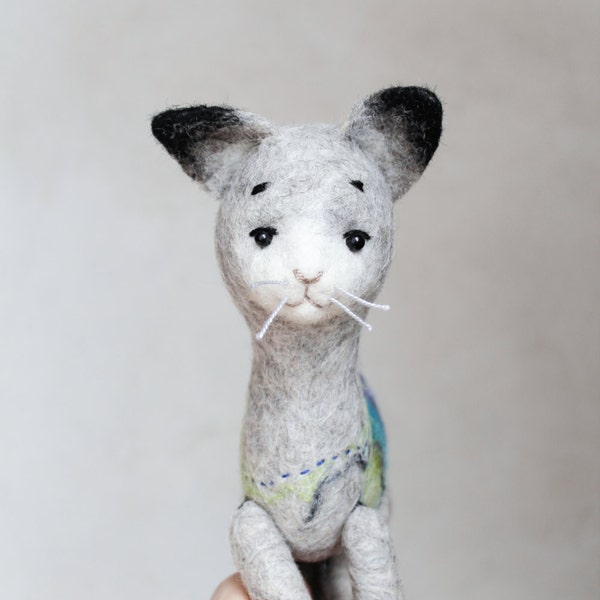 Marcell - Felt Cat. Art Puppet, Felted Toy,  Stuffed Toy, Felt Animal, Kitten, Fathers Day Gift . grey silver blue, for him. MADE TO ORDER