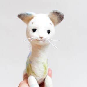 White Felt Cat Frost. Art Toy Gift for kids Cat plush Puppet Felted Toy Stuffed Toy Felt Animal Kitten Soft toy portrait . white silver. image 1