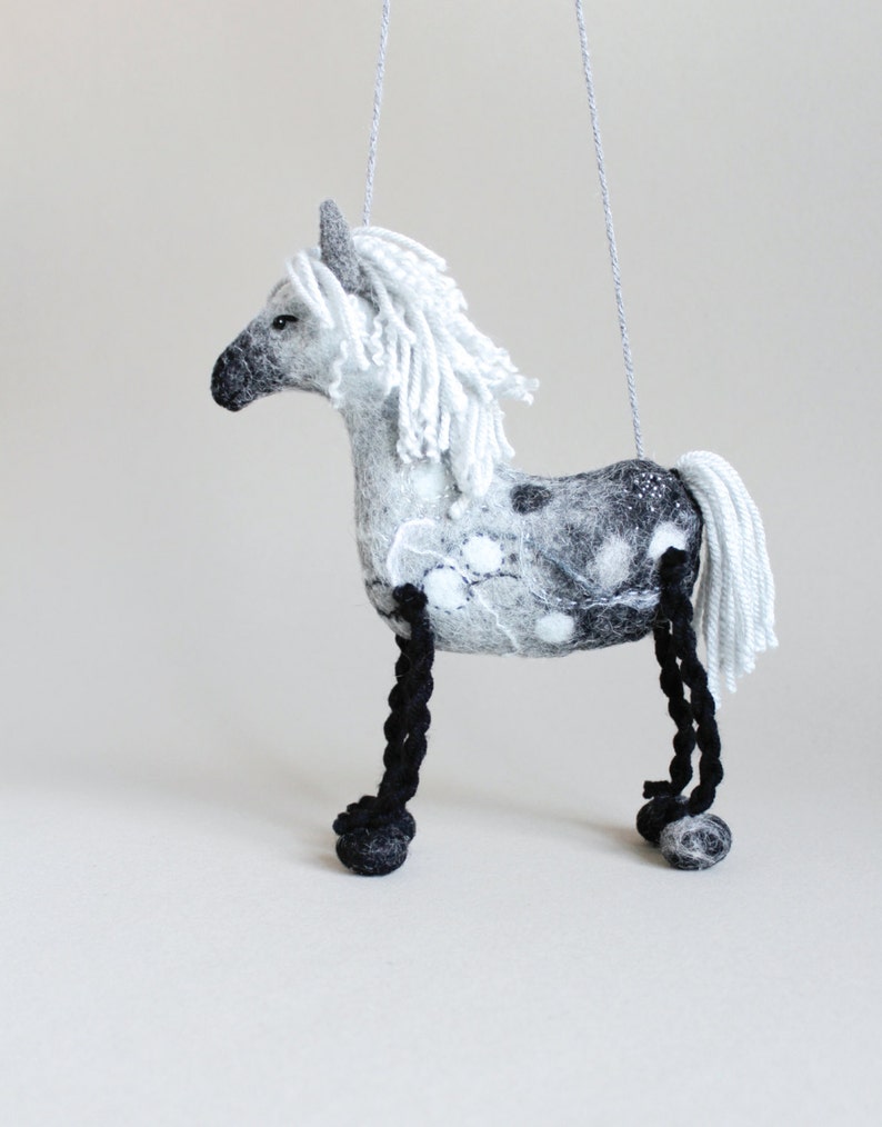 Felt Horse Bethany. Felted animal Marionette Art Toy. Dapple Grey Horse plush Stuffed Horse Toy farm animal for kids Puppet silver. image 4