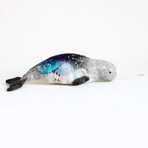 Felt Narwhal Anders Felted Art Toy Gift for kids Narwhal Sea Unicorn Toy, Whale toy, Stuffed whale plush, aquamarine. Soft toy. image 3