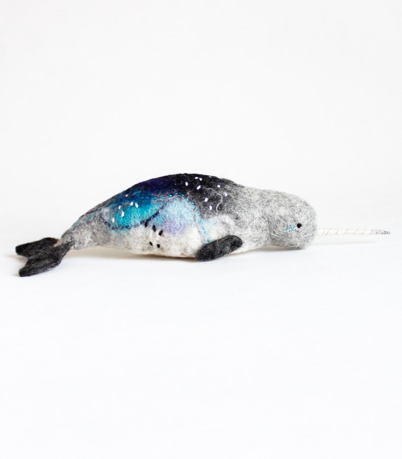 Felt Narwhal Anders Felted Art Toy Gift for kids Narwhal Sea Unicorn Toy, Whale toy, Stuffed whale plush, aquamarine. Soft toy. image 3