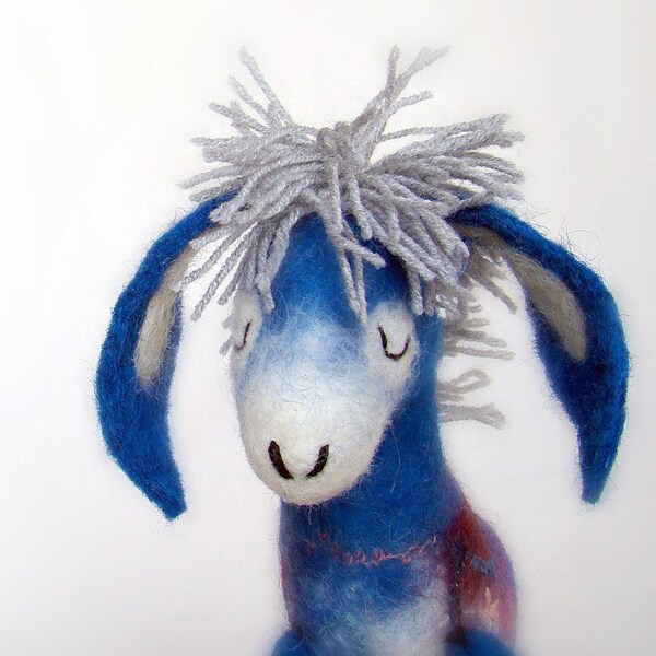 Blue Celestine - Felt Donkey with long floppy ears and with felted legs, Art Puppet, Marionette, Stuffed Animal, Felted Toy. MADE TO ORDER.