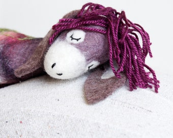 Felt Donkey - Bertha. Art Toy. Felted toy Felt Animals Mothers day gift Puppet Softie Plush Toy Stuffed donkey Handmade felt donkey. purple.