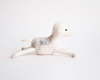 Nicolo - Felt Lamb, Art Toy,  Baby Sheep, Handmade, Farm Animal, Felted. soft pastel neutral white pink grey fog for mom. MADE TO ORDER