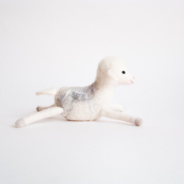 Nicolo - Felt Lamb, Art Toy,  Baby Sheep, Handmade, Farm Animal, Felted. soft pastel neutral white pink grey fog for mom. MADE TO ORDER