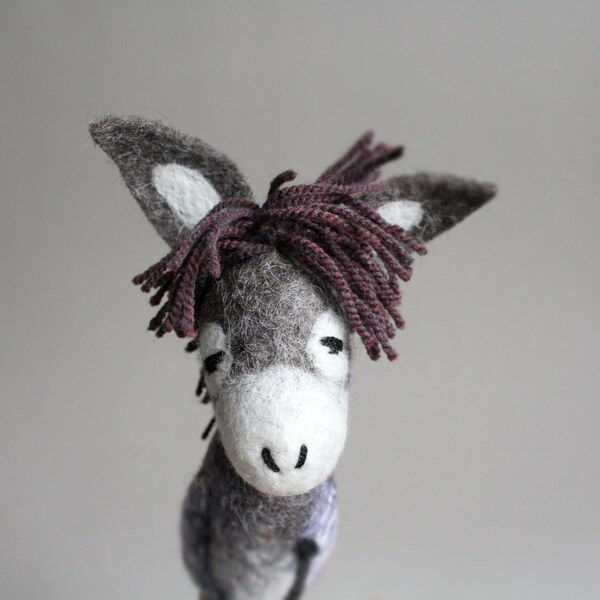 Vania - Felt Donkey. Art Animal Marionette, Handmade Puppet, Handmade Felted Animals, Stuffed Toy. love grey gray purple fog. MADE TO ORDER