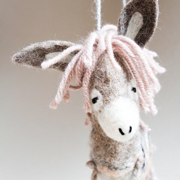 Rosalinda - Felt Donkey. Art Toy. Felted Toys. Marionette. Felt Toy. Eco friendly toy. grey gray pale pink. MADE TO ORDER