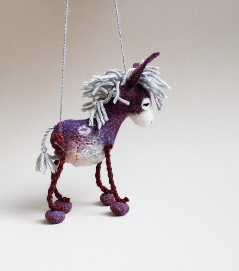 Margot Felt Donkey. Felted Animal, Art Toy. Marionette Puppet, Felted toy. Handmade felt donkey. violet purple red. READY TO SHIP. image 2