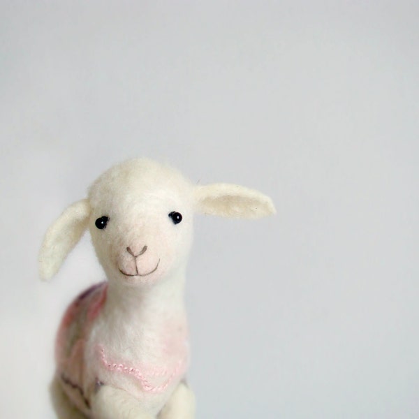 Bianca - Felt Lamb, Art Puppet, Handmade Marionette, Stuffed Animal, Felted Toy, mteam. soft neutral white pink grey. Special order for Sara