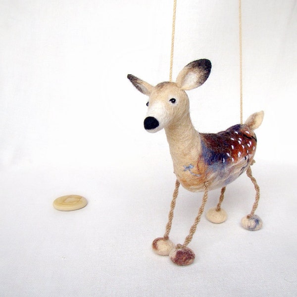 Hanna  - White Tailed Female Deer, Art Puppet Marionette Stuffed Animal Felted Toy , mteam. beige neutral cream brown.  MADE TO ORDER.