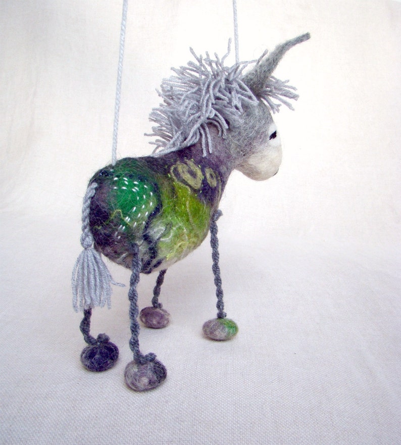 Felt Donkey Grey Birger. Art Toy. Felted Stuffed Waldorf style Marionette Puppet Handmade Farm Animals Toys. grey green gray. image 4