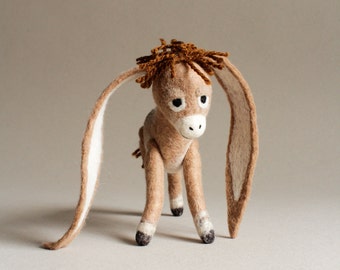 Nestor - The Long-Eared Christmas Donkey. Art Toy. Standing donkey, Christmas gift, Felted Toy. beige brown tan.