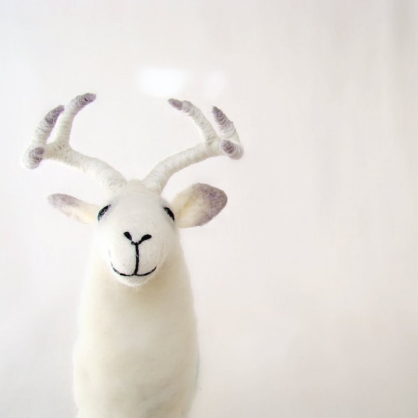 White Torsten - Felt  Deer.  Art Puppet Marionette Stuffed Animal Felted Toy Christmas. white neutral natural pastel.  MADE TO ORDER