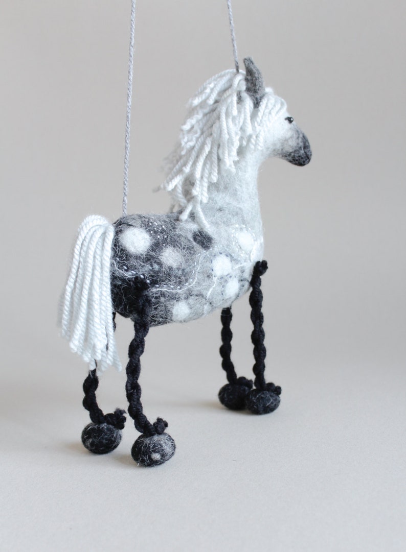 Felt Horse Bethany. Felted animal Marionette Art Toy. Dapple Grey Horse plush Stuffed Horse Toy farm animal for kids Puppet silver. image 3