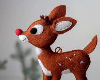 Christmas Tree Decoration.  Rudolph the Red-Nosed Reindeer. Art Toy. Christmas Ornament.  Xmas Tree Decoration.  Handmade Felt toy.