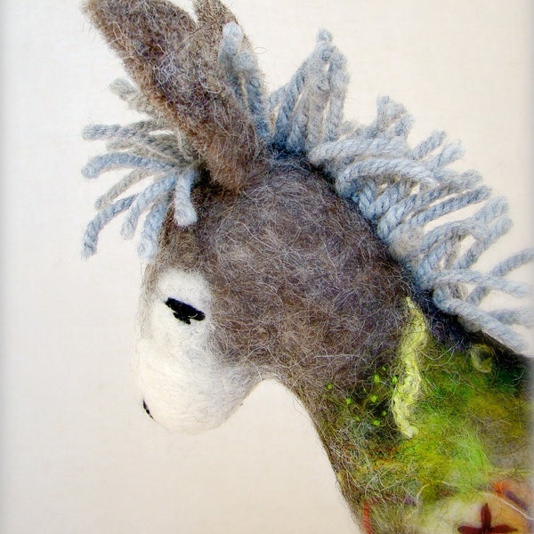 Frederic - Felt Donkey. Art Marionette. Organic Puppet. Handmade Felted Stuffed Embroidered Toy Animal. grey green fresh. MADE TO ORDER