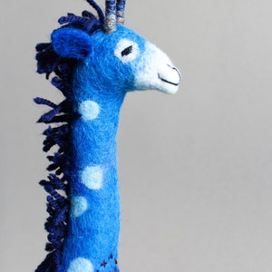 Felt Giraffe Abimbola . Art Puppet, Safari animal Marionette Stuffed Animals Felted Plush Toy for kids room decoration blue ultramarine. image 1