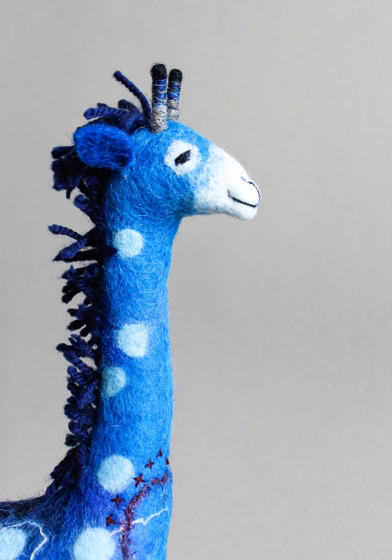 Felt Giraffe Abimbola . Art Puppet, Safari animal Marionette Stuffed Animals Felted Plush Toy for kids room decoration blue ultramarine. image 1