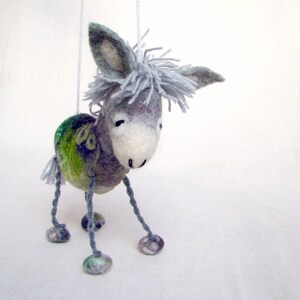 Felt Donkey Grey Birger. Art Toy. Felted Stuffed Waldorf style Marionette Puppet Handmade Farm Animals Toys. grey green gray. image 2