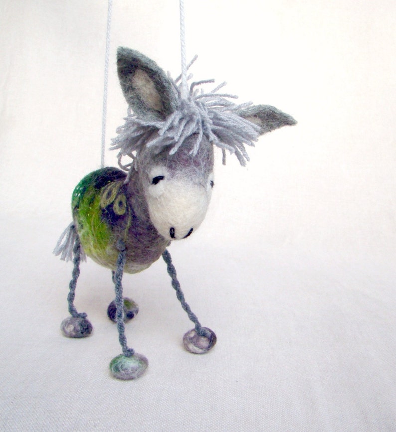 Felt Donkey Grey Birger. Art Toy. Felted Stuffed Waldorf style Marionette Puppet Handmade Farm Animals Toys. grey green gray. image 2