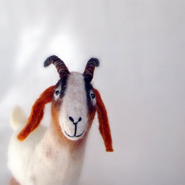 Grethe - Felt Goat. Felted  Art Marionette Puppet Stuffed Animals. Felted Toy , mteam. white brown red reddish orange. MADE TO ORDER.