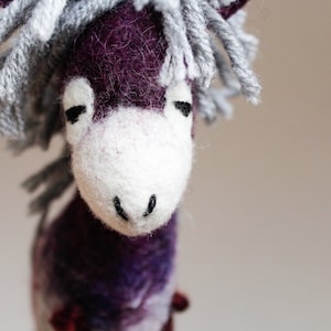 Margot Felt Donkey. Felted Animal, Art Toy. Marionette Puppet, Felted toy. Handmade felt donkey. violet purple red. READY TO SHIP. image 1