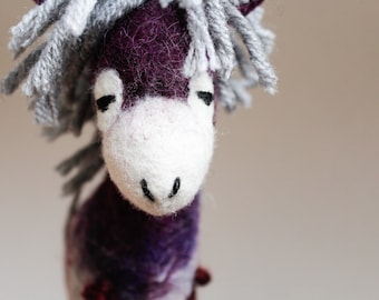 Margot - Felt Donkey.  Felted Animal, Art Toy. Marionette Puppet, Felted toy. Handmade felt donkey. violet purple red. READY TO SHIP.