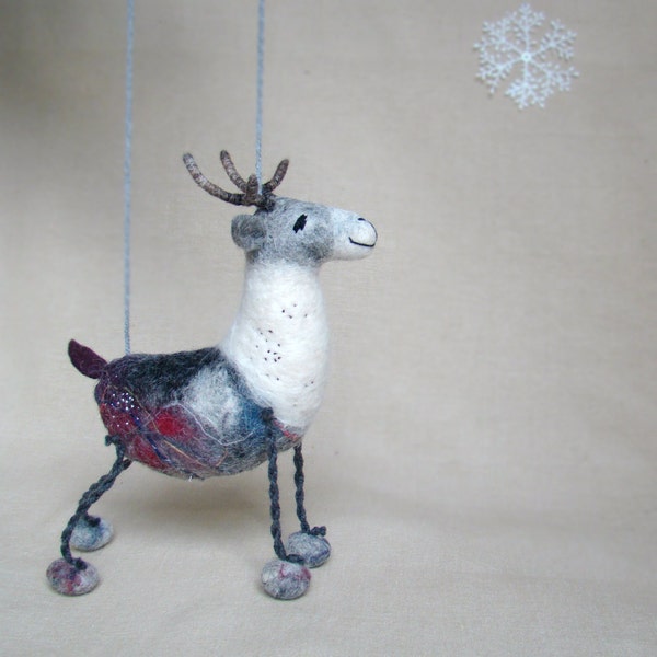 Vilmar - Felt Reindeer.  Art Puppet Marionette Stuffed Animal Handmade Felted Toy. pastel silver grey soft  white Christmas . MADE TO ORDER