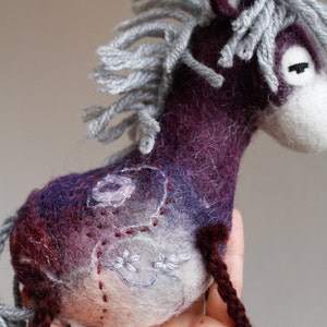 Margot Felt Donkey. Felted Animal, Art Toy. Marionette Puppet, Felted toy. Handmade felt donkey. violet purple red. READY TO SHIP. image 5