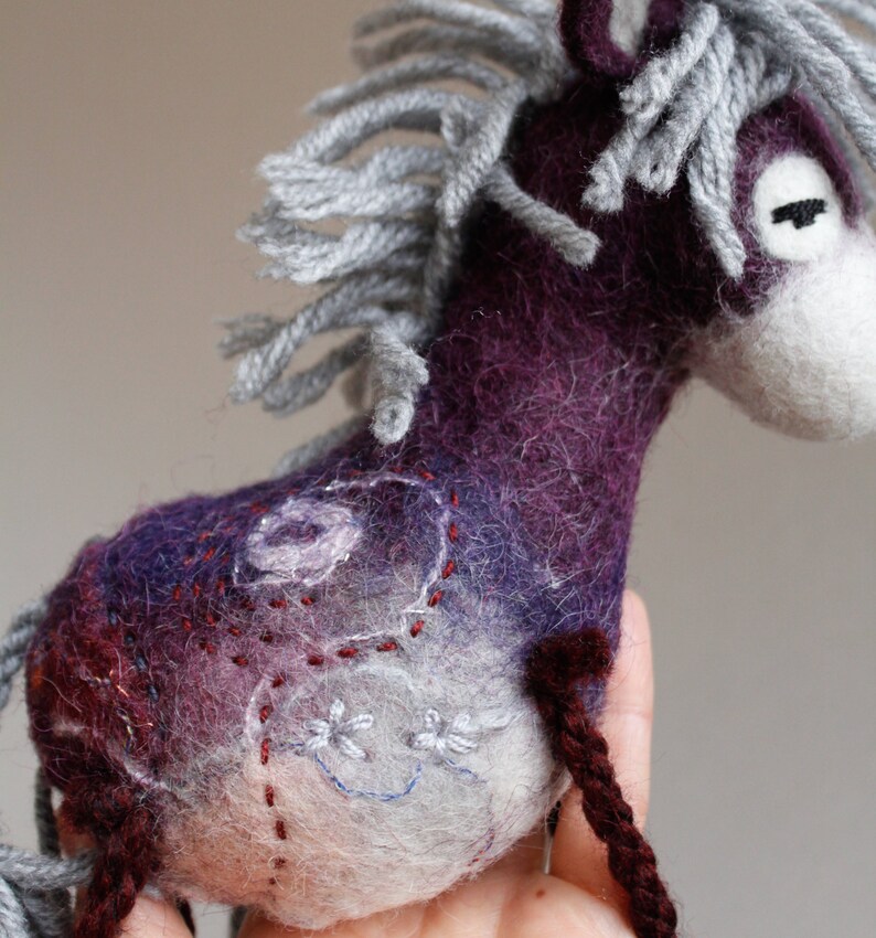 Margot Felt Donkey. Felted Animal, Art Toy. Marionette Puppet, Felted toy. Handmade felt donkey. violet purple red. READY TO SHIP. image 5