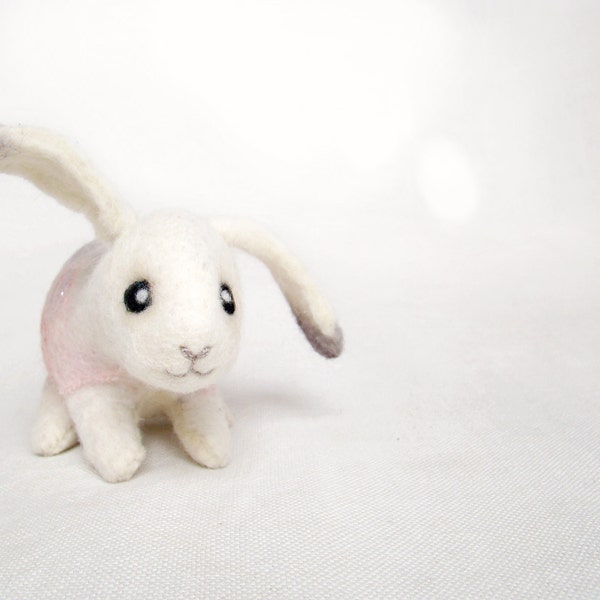 Milena - Little Easter Bunny. Art Toy. Handmade Felted Hare Stuffed, mteam. white pink grey gray pastel neutral. MADE TO ORDER.