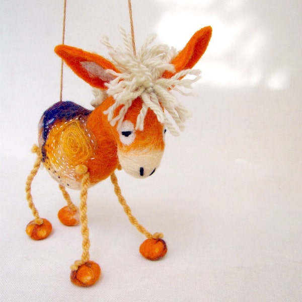 Augustina - Felt Donkey. Art Animal Marionette, Handmade Puppet, Felted Animals, Stuffed Toy. orange yellow beige cream fall. MADE TO ORDER