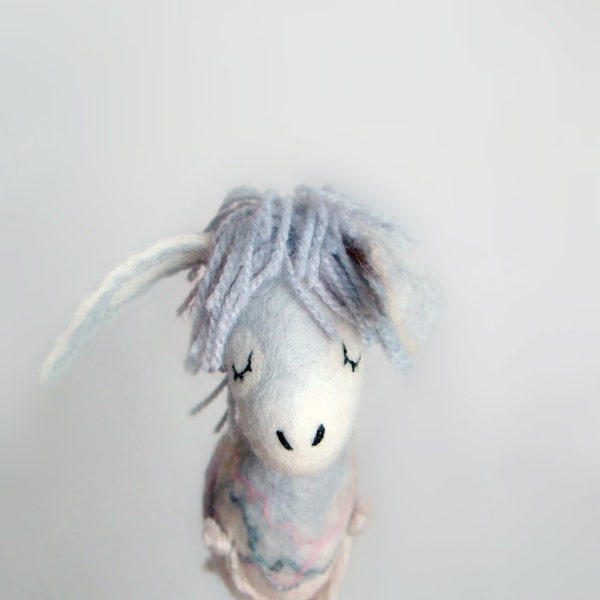 Michela - Felt Donkey.  Art Marionette, Puppet, Felted, Stuffed Toy.  pastel lilac violet lavender blue grey gray . MADE TO ORDER