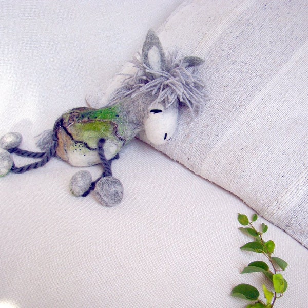 Sergio - Small Felt Donkey. Art Toy. Felted Stuffed Marionette Puppet Handmade Toys. woodland plant branch grey green nature. MADE TO ORDER.