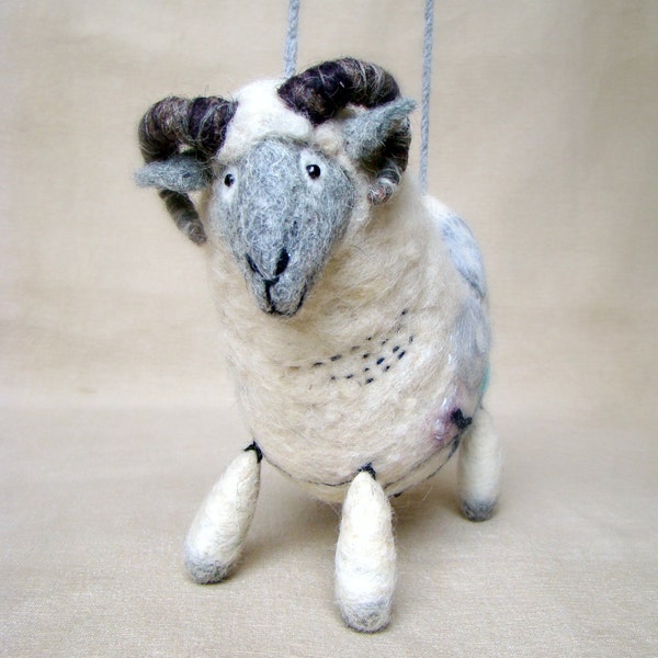 Damir - Felt Ram. Art Marionette. Handmade Puppet. Felted Stuffed Toy. Waldorf Style Sheep. white grey blue neutral rustic. MADE TO ORDER