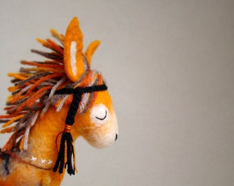 Felt Donkey - Enola. Art Felt Toy Native Tribal Felted Marionette Animals Toys halloween gift for kids Stuffed nursery decor toy. orange