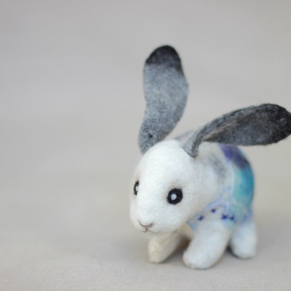 Gabriel - Little Felt Bunny. Art Toy. Handmade Felted Hare Stuffed. white grey gray earter soft mint neutral blue.  MADE TO ORDER.