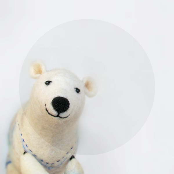 Bergeton - Felt Polar Bear. Art Puppet, Marionette, Stuffed Animal, Felted Toys. white, pastel, neutral, grey, blue. MADE TO ORDER