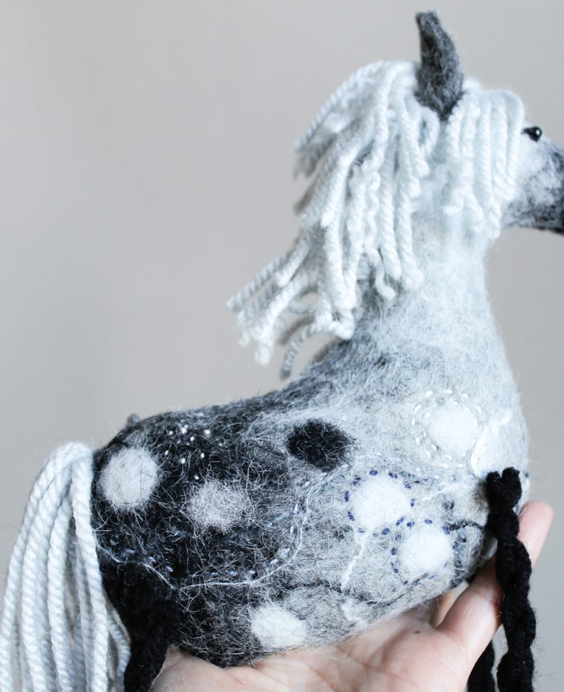 Felt Horse Bethany. Felted animal Marionette Art Toy. Dapple Grey Horse plush Stuffed Horse Toy farm animal for kids Puppet silver. image 5