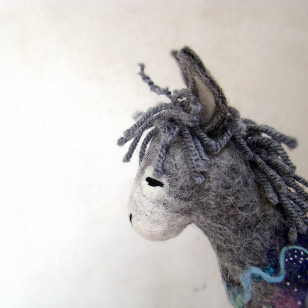 Henry - Felt Donkey. Art Animal Marionette, Handmade Puppet, Felted Animals, Stuffed Toy, mteam. grey gray blue violet. MADE TO ORDER.