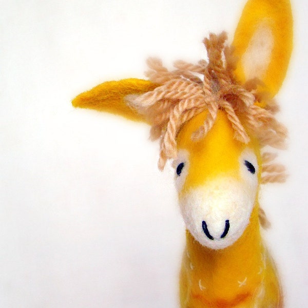 Viruka - Yellow Felt Donkey. Art Toy. Felted Stuffed Marionette Puppet Handmade Animals Toys. lemon orange gold sunny sun. MADE TO ORDER.