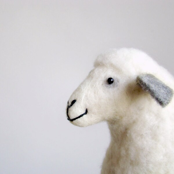 Anetta - Felt Sheep, Art Puppet, Handmade Marionette, Stuffed Animal, Felted Toy, silver  white soft neutral white grey. MADE TO ORDER