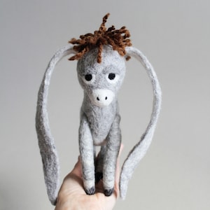 Nestor - The Long-Eared Christmas Donkey. Art Toy. Standing Felted Stuffed. grey gray. MADE TO ORDER